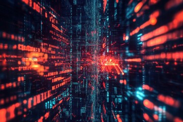 Fototapete - Vibrant digital corridor showcasing red and blue light patterns in a futuristic setting