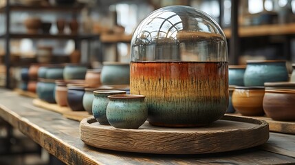 Wall Mural - A table full of colorful ceramic bowls and cups