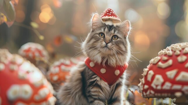 Cat stickers with cute mushroom set