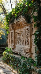 Poster - Ancient stone wall featuring detailed carvings, partially enveloped by vibrant green vines, peacefully illuminated by dappled sunlight filtering through trees nearby