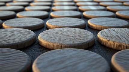 Poster - Close-up of many small, light brown wooden discs arranged in rows on a dark surface.
