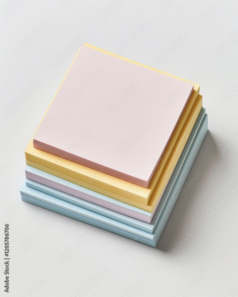 Pastel Square Notepads Stack: A visually appealing stack of pastel-colored square notepads, showcasing soft hues of pink, yellow, and blue, ideal for minimalist branding and stationery design.  