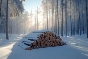 Poster - Stack of logs covered with snow in a winter forest at sunrise