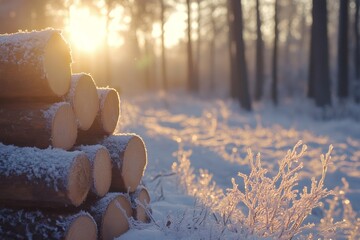 Poster - Logs covered with snow in a forest at sunset during winter