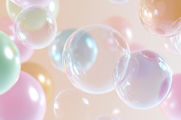 Poster - clean and abstract composition of floating translucent spheres on neutral gradient background with copy space