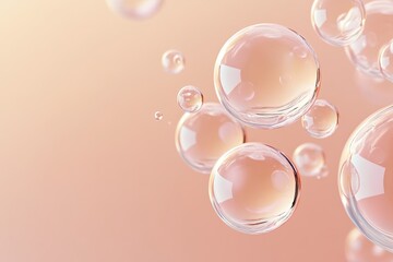 Poster - clean and abstract composition of floating translucent spheres on neutral gradient background with copy space