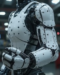 Poster - Detailed Close-up of a Robotic Arm and Torso in Industrial Setting