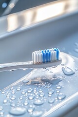 Poster - close-up of toothbrush with toothpaste resting on sink with droplets of water glistening under brigh