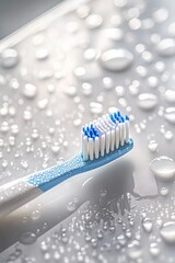 Poster - close-up of toothbrush with toothpaste resting on sink with droplets of water glistening under bright light
