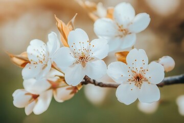 Wall Mural - White spring flowers blooming on branch in warm sunlight