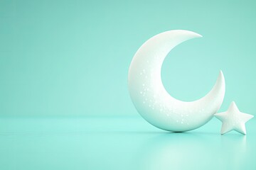 Poster - crescent moon and star ornament arranged on light turquoise background with soft reflections