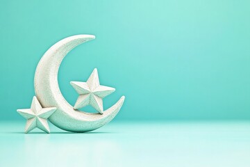 Poster - crescent moon and star ornament arranged on light turquoise background with soft reflections