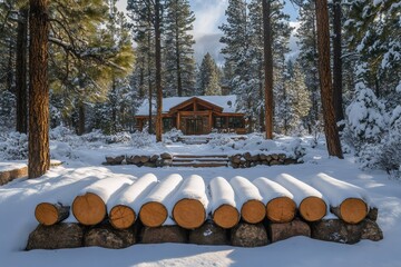 Wall Mural - Winter wonderland cabin surrounded by snow covered trees and logs