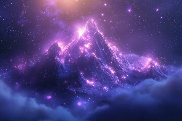 Poster - dreamlike illustration of mountain in fantasy style with glowing peaks and mystical light surroundin