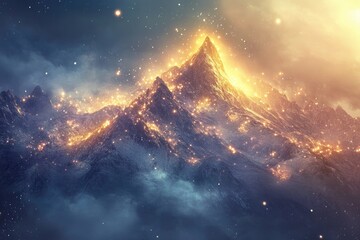 Poster - dreamlike illustration of mountain in fantasy style with glowing peaks and mystical light surroundin