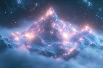 Poster - dreamlike illustration of mountain in fantasy style with glowing peaks and mystical light surroundin