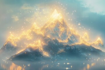 Poster - dreamlike illustration of mountain in fantasy style with glowing peaks and mystical light surroundin