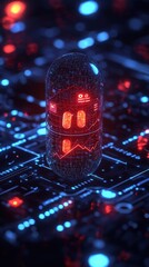 Aufkleber - Futuristic glowing capsule on a circuit board, vibrant digital art with red and blue lights