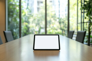 Poster - Tablet with a blank screen on a desk in a modern office with bright sunlight through windows