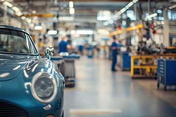 Poster - well-maintained workshop with car in focus surrounded by organized tools and blurred workers in background