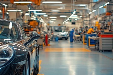 Poster - well-maintained workshop with car in focus surrounded by organized tools and blurred workers in background