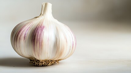 Poster - whole head of garlic with its papery skin intact placed on smooth white surface with soft natural lighting