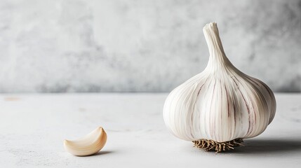 Poster - whole head of garlic with its papery skin intact placed on smooth white surface with soft natural lighting