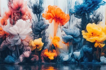 Poster - bold display of multicolored ink blooms spreading across wet canvas with soft edges blending seamlessly