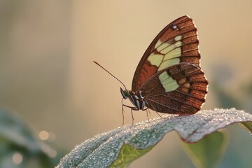 Poster - butterfly perched on dew-covered leaf at dawn with soft light creating serene and fresh atmosphere