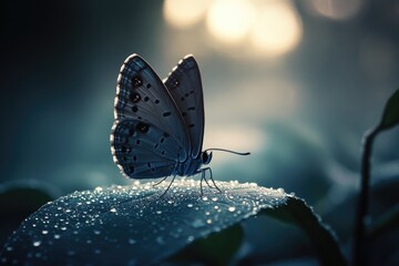 Poster - butterfly perched on dew-covered leaf at dawn with soft light creating serene and fresh atmosphere