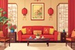 © 2D Illustration - Chinese New Year living room interior, cartoon style