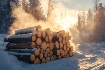 Poster - Stack of logs steaming in snowy winter forest at sunrise