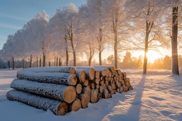 Poster - Snowy logs stacked near frozen trees at sunrise in winter landscape