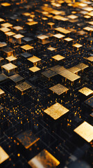 Poster - Complex structure made of golden and black cubes representing a futuristic technological surface with glowing details