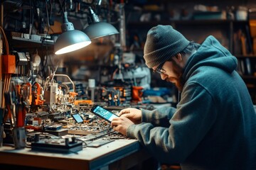 Poster - Technician using smartphone while repairing electronic circuit board in workshop