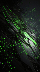 Poster - Abstract digital background showing green particles flowing on a black patterned surface with perspective