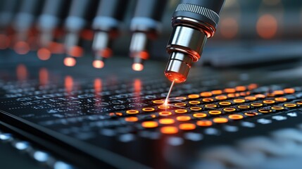 Poster - High-precision robotic arm performing micro-soldering on a circuit board, glowing orange points of light illustrating the intricate detail of advanced technology and manufacturing processes.