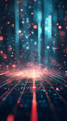 Poster - Luminous particle streams moving across digital grid background, visualizing high-speed data transmission and advanced network communication technology