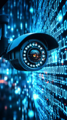 Fototapete - Security camera analyzing binary code on a futuristic screen, representing cybersecurity and data protection