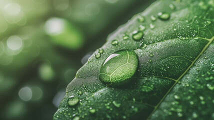 Poster - close up of dewdrop on vibrant green leaf, showcasing intricate leaf veins and fresh, natural atmosphere. background is softly blurred, enhancing focus on dewdrop