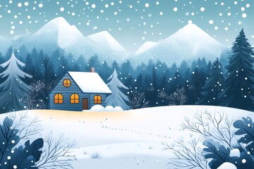 Poster - Snow falling on cozy wooden cabin in winter wonderland