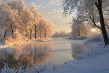 Poster - Winter landscape reflecting on frozen lake at dawn