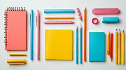 Aufkleber - Colorful stationery items with pens, pencils, notebooks, and clips on a white background