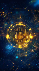 Poster - Bitcoin cryptocurrency rotating on futuristic digital background representing financial and technological concepts