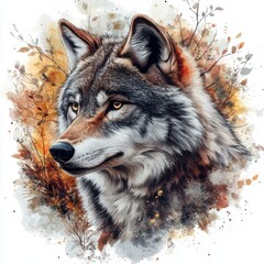  Watercolor Wolf Portrait Amidst Autumn Foliage Capturing the Wild Spirit of the Forest
