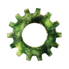 Poster - watercolor illustration of green gear icon transparency background, showcasing textured and artistic design. gear is depicted with circular center and multiple teeth, symbolizing machinery and