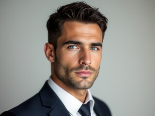 close-up portrait of a man with dark hair, blue eyes, and a well-groomed beard, wearing a suit