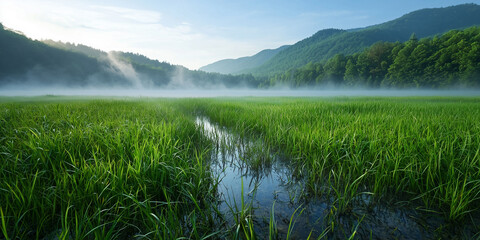 Aufkleber - Lush wetland with vibrant vegetation and misty atmosphere, surrounded by mountains