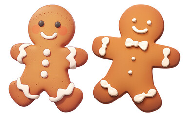 Aufkleber - Two cute cartoon gingerbread cookies with icing decorations are isolated transparency background. cookies have smiling faces and are adorned with white icing details, including buttons and bow