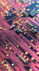Poster - Electronic circuit board glowing with pink and blue hues, revealing intricate integrated circuits, transistors, and microcomponents
